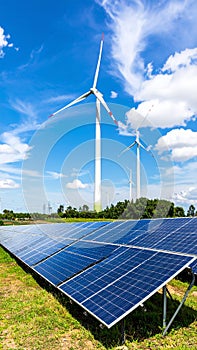 Energy park. Solar panel and eolic system on green park