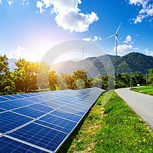 Energy park. Solar panel and eolic system on green park