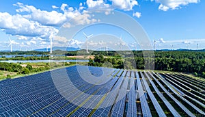 Energy park. Solar panel and eolic system on green park