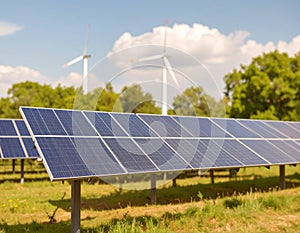 Energy park. Solar panel and eolic system on green park