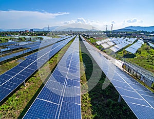 Energy park. Solar panel and eolic system on green park