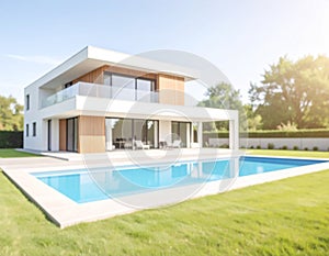 New modern house with backyard swimming pool on sunny day