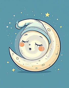 Snoring moon with sleepyhead. Cute drawn sleeping and snoring moon wearing a sleepyhead.