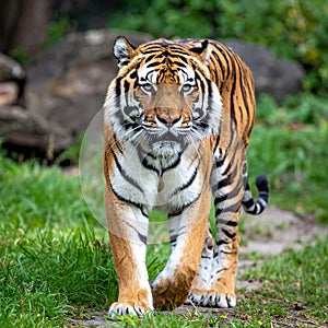 Bengal tiger. A huge male tiger walking in the jungle