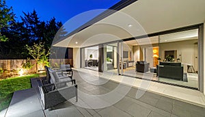 Horizontal view of modern patio at night