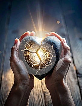 Generated Image A pair of hands gently holding a cracked heart-shaped vase