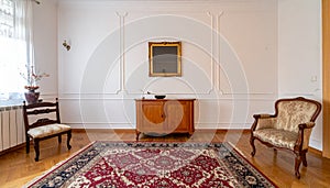 Vintage living room interior with a patterned rug, cupboard, golden frame on the wall