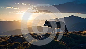 Silhouetted wolf hunting at sunrise. Silhouetted wolf hunting on prairie ridge