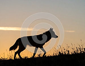 Silhouetted wolf hunting at sunrise. Silhouetted wolf hunting on prairie ridge
