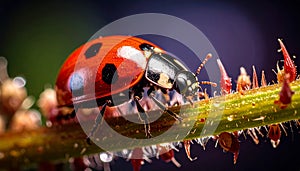 Ladybug eating aphids. Macro of ladybug (Adalia bipunctata) eating aphids on stem