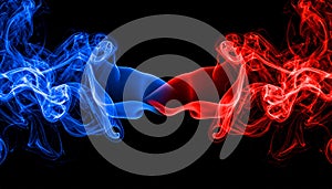 Red and blue smoke on black