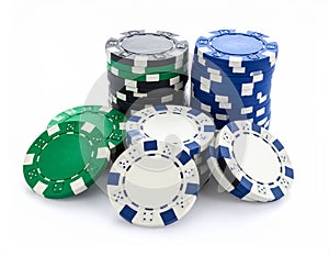 Pile of poker chips on white
