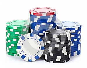 Pile of poker chips on white