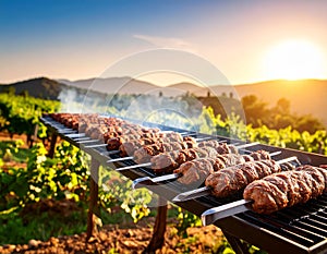 Rows of juicy beef kebab koobideh on grill