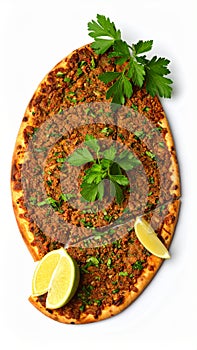 Lahmacun (Turkish pizza) on white background