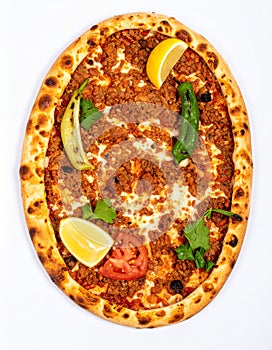 Lahmacun (Turkish pizza) on white background