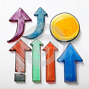 Colorful hand-drawn arrows and a circle on a white background