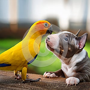 A colorful scene featuring a Sun Conure