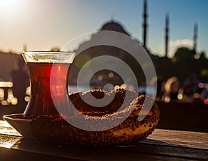 Traditional Turkish Sesame Bagel (Simit) and Turkish Tea