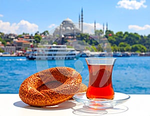 Traditional Turkish Sesame Bagel (Simit) and Turkish Tea