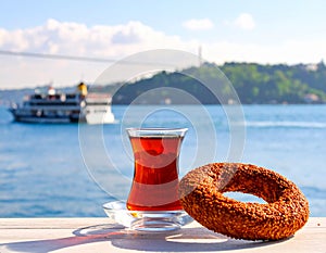 Traditional Turkish Sesame Bagel (Simit) and Turkish Tea