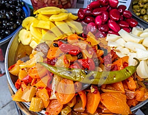 Traditional Turkish pickles of various fruits and vegetables.