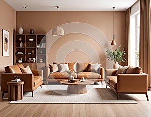 Stylish interior in mocha mousse shade. Different furniture and decor indoors.