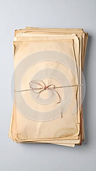 Stack of old letters on light grey background, top view