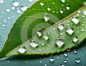 Green leaf with drops of water
