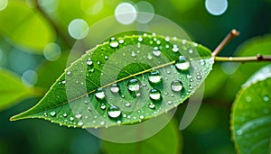 Green leaf with drops of water