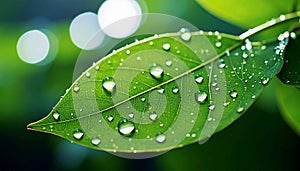 Green leaf with drops of water