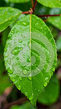 Green leaf with drops of water