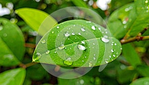 Green leaf with drops of water