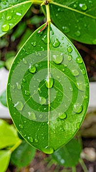 Green leaf with drops of water