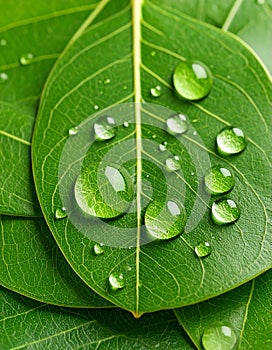 Green leaf with drops of water
