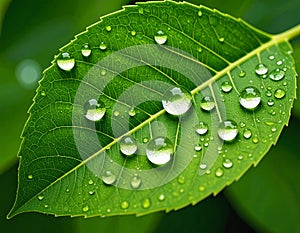 Green leaf with drops of water