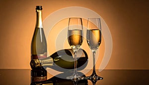 Brown background with blurry light on glasses of champagne and bottle on mirror surfa