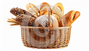 Different loaves of fresh bread in basket isolated on white