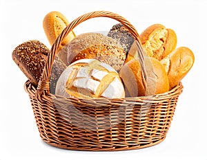 Different loaves of fresh bread in basket isolated on white