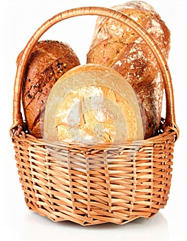 Different loaves of fresh bread in basket isolated on white