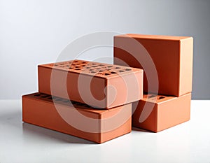 Three red bricks on textured table against light background. Building material