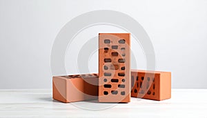 Three red bricks on textured table against light background. Building material
