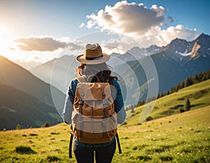 Tourist with backpack in mountains, back view