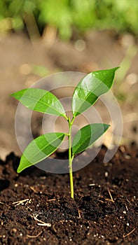 Planting tree. Seedling growing in soil outdoors, closeup