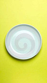 One ceramic plate on color background, top view