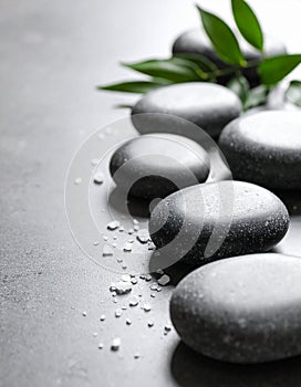 Spa stones, sea salt and leaves on grey table