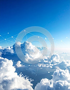Blue sky and network connection lines. Cloud technology