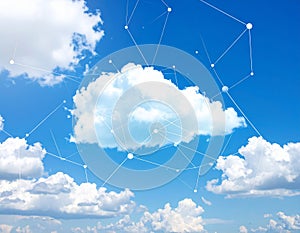 Blue sky and network connection lines. Cloud technology