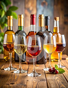 Different delicious liqueurs in glasses and bottles on wooden table
