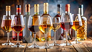 Different delicious liqueurs in glasses and bottles on wooden table